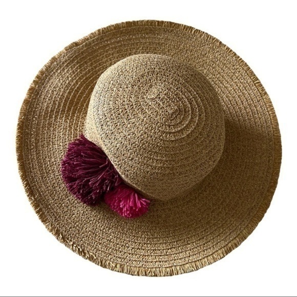 Women Straw Packable Floppy Fringe Natural Summer Hat With Pink Pom Pom - Picture 2 of 7
